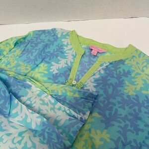 Lilly Pulitzer Blue &‎ Green Coral Print Tunic Dress Cover-Up Rare Print size M